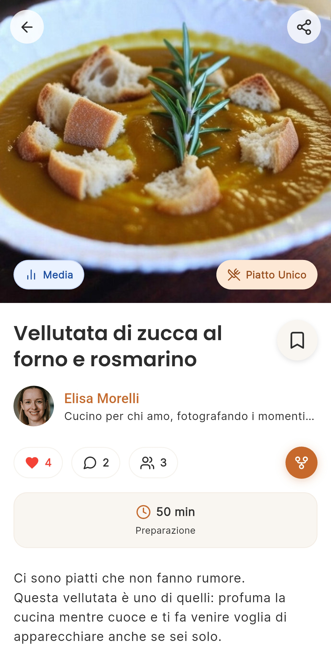 Dettaglio ricetta con tempi, autore e interazioni