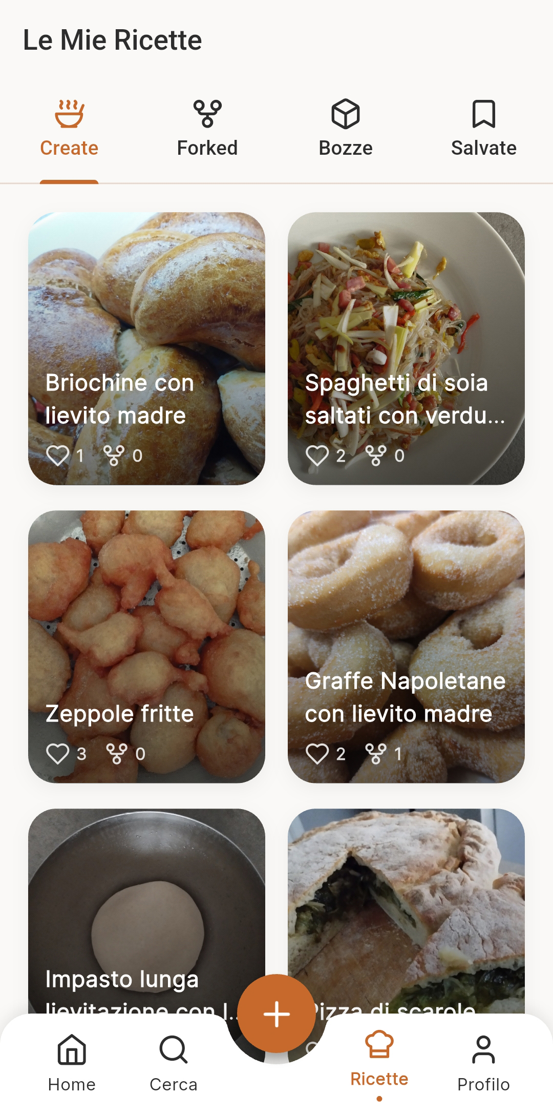 Area personale con ricette create, forked, bozze e salvate