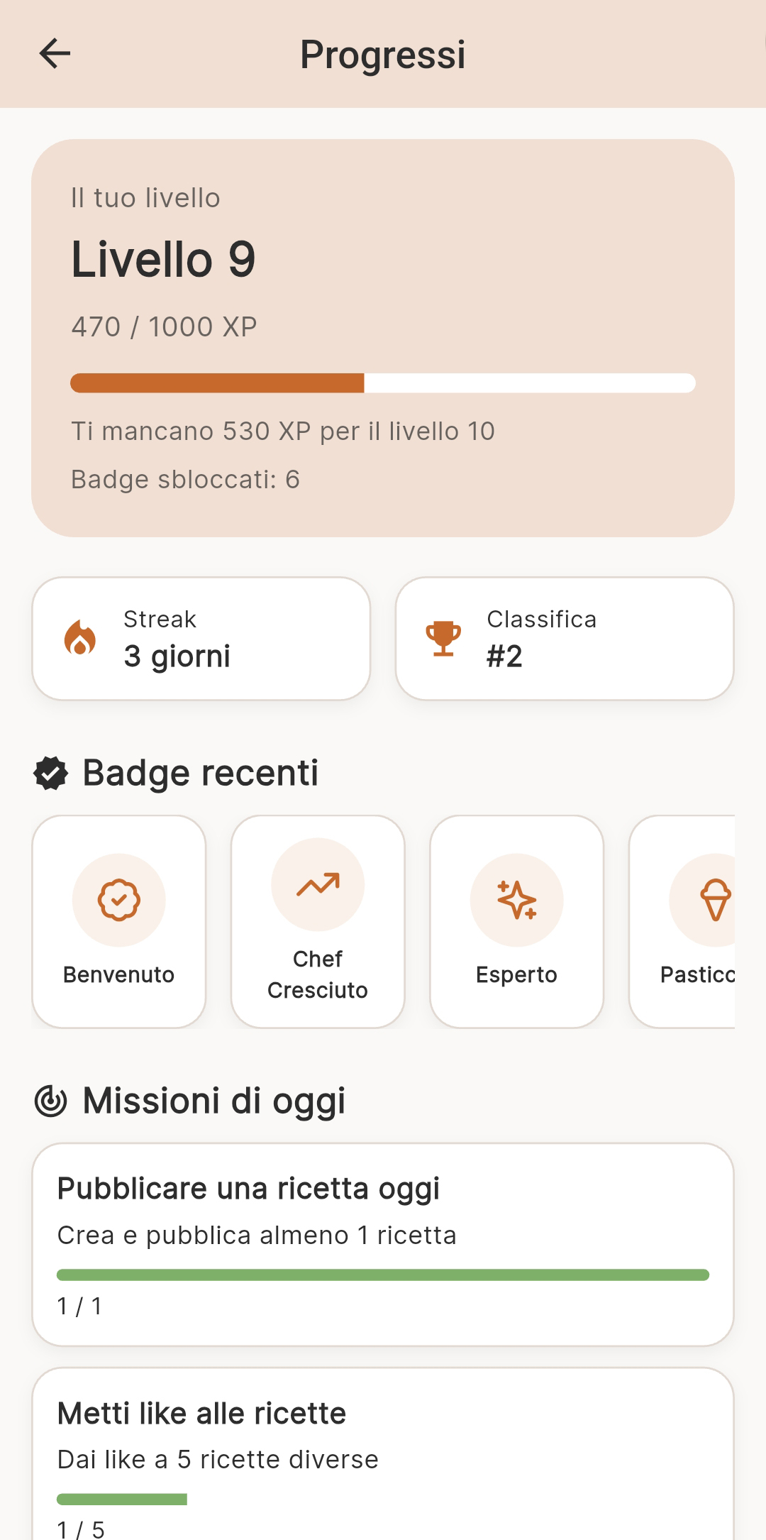 Dashboard progressi con livello, badge e missioni