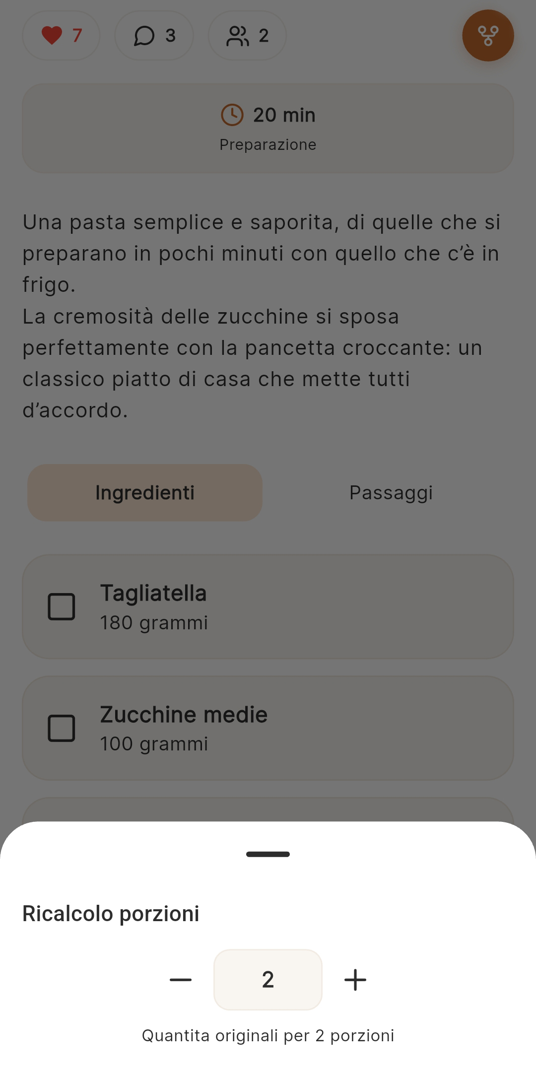 Ricalcolo porzioni dentro la scheda ricetta